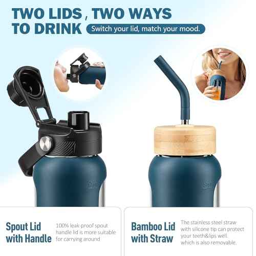24 oz Glass Water Bottle with Straw and 2 Lids