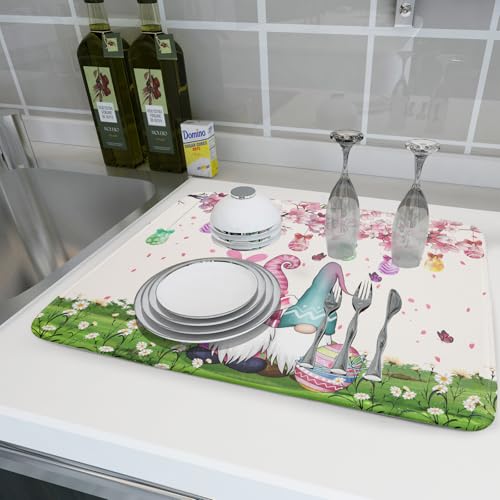 Easter Gnome Dish Drying Mat Floral Eggs Bunny Kitchen Drainer Mat 18x24 inch Absorbent Holiday Fast Dry Pad Protector for Counter Tabletop