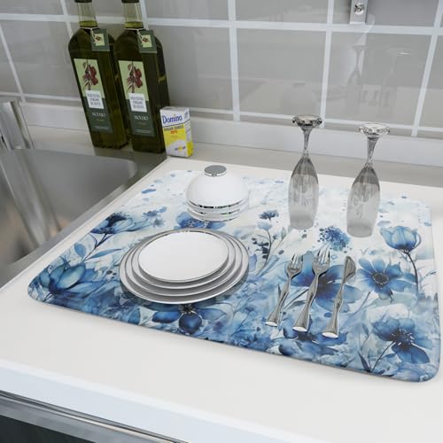 Blue Floral Dish Drying Mat for Kitchen Counter Watercolor Leaves Dishes Drainer Rack Mat Absorbent Microfiber Dish Draining Pad 18x24 Inch
