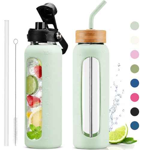 32 oz Glass Water Bottle with Straw and 2 Lids