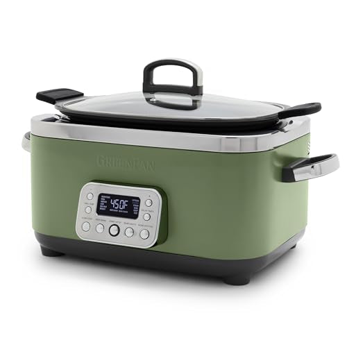 Elite 14-in-1 Nonstick 6QT Electric Slow Cooker, PFAS-Free Ceramic Multi-Cooker, In-Pot Browning, Dishwasher Safe Lid & Removable Crock, Stainless Steel Steamer, Silicone Handles, Sage Green