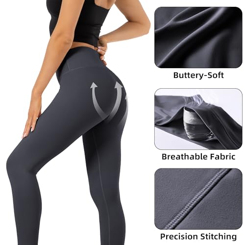 High Waist Butt Lifting Leggings for Women Buttery Soft Breathable Yoga Pants with Hidden Pocket Tummy Control Gym Dark Grey