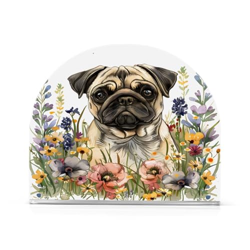Pug Dog Wild Flowers Napkin Holder for Table Paper Napkins Holder Acrylic Tissue Dispenser Kitchen Dining Room Bathroom Party Car Decor