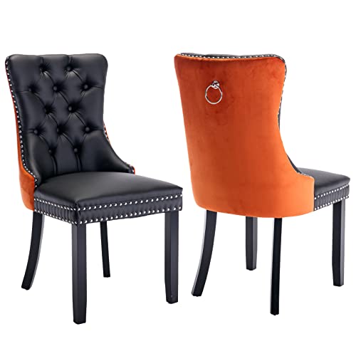 Orange Velvet and Black PU Upholstered Dining Chairs Set of 2 (2 Count)