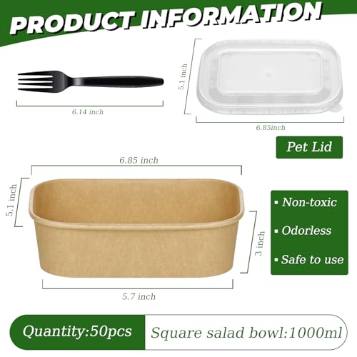 50 Pack 35oz Disposable Kraft Paper Bowls【with Lids and Forks】 (50 Count)