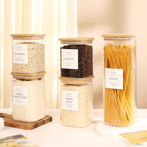 5 Pack Square Glass Pantry Storage Containers with 132 Kitchen Food Pantry Labels