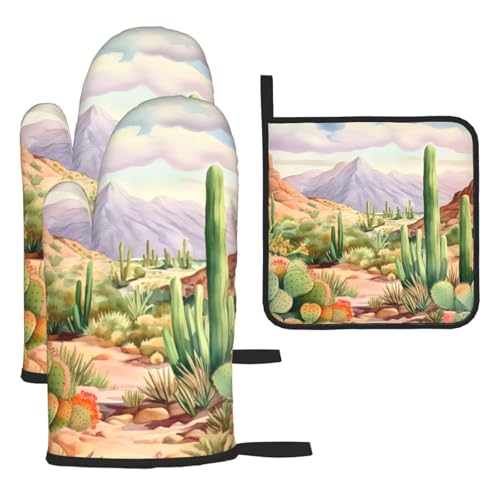 Desert Cactus Oven Mitts and Pot Holders Sets of 3 Heat Resistant Oven Gloves Hot Pads Non (4.33 Count)