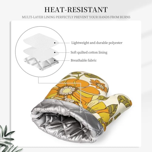 Retro 70s Style Flower Oven Mitts and Pot Holders Sets Silicone Kitchen Mitts Potholders Heat Resistant 4Pcs Oven Gloves Hot Pads for Kitchen Baking Cooking BBQ Grilling (4 Count)