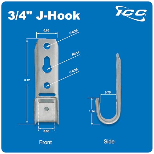 3/4-Inch Wall Mount J-Hook – 25-Pack, Cable Support 3/4" J Hooks Without Retainer Clips, Galvanized Steel with Zinc Finish – for Structured Cabling and Cable Management (25 Count)