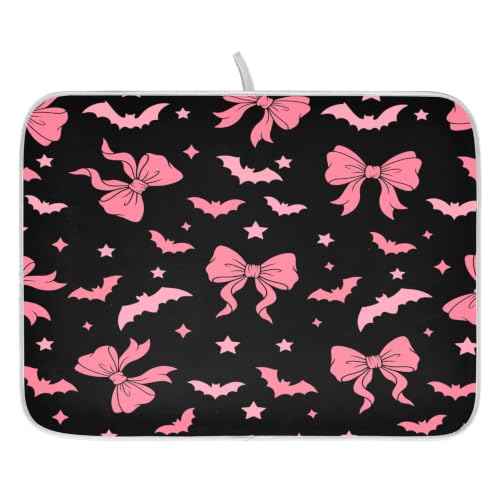 Halloween Dish Drying Mat for Kitchen Counter Absorbent Microfiber Large Drying Pad Pink Bat Bow Dish Mats for Kitchen Countertops 18 x 24 Inch