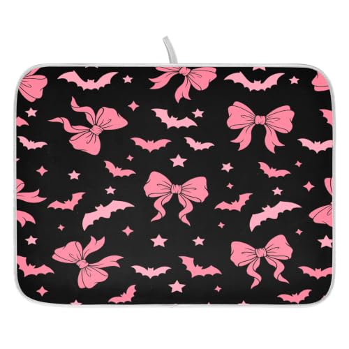 Halloween Dish Drying Mat for Kitchen Counter Absorbent Microfiber Small Drying Pad Dish Pink Bat Bow Mats for Kitchen Countertops 16 x 18 Inch