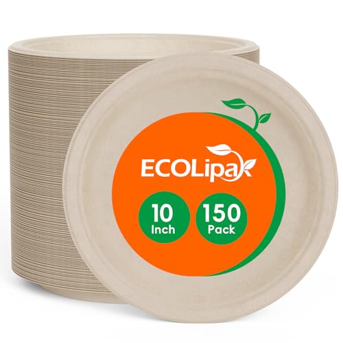 150 Pack 10 inch Compostable Disposable Paper Plates for Party (150 Count)