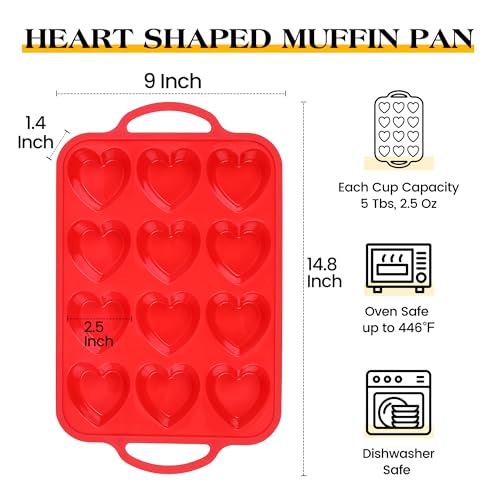 12 Cup Heart Shaped Silicone Muffin Pan for Baking with Metal Frame