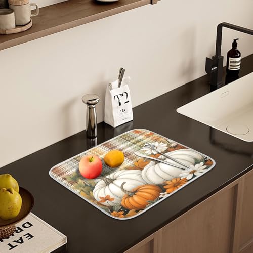 Autumn Fall Thanksgiving Dish Drying Mat for Kitchen Counter Absorbent Microfiber Orange White Pumpkin Large Drying Pad Dish Mats for Kitchen Countertops 18 x 24 Inch