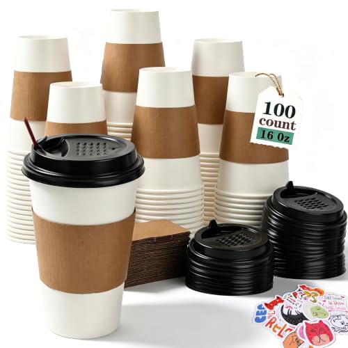 16 oz Disposable Paper Coffee Cups with Lids & Sleeves (100 Count)