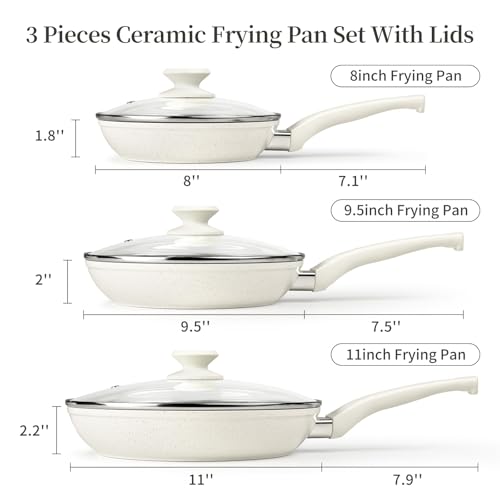 Nonstick Ceramic Frying Pans Skillets Set with Lid 8"+9.5"+11"
