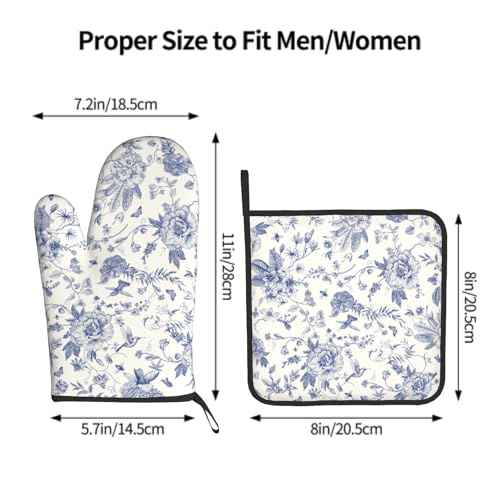 Chinoiserie Flower Oven Mitts and Pot Holder Blue Leaves Heat Resistant 2Pcs Washable Oven Gloves Hot Pads for Kitchen Baking Grilling BBQ