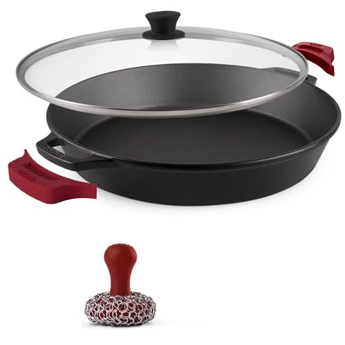 Cast Iron Skillet + Glass Lid + Red Chainmail Scrubber