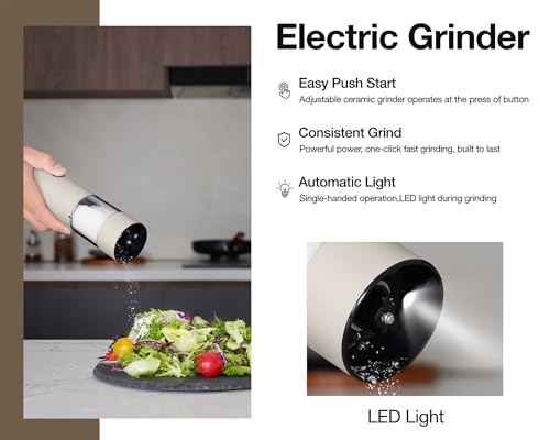Electric Salt and Pepper Grinder Set Stainless Steel 2 Pack USB Rechargeable LED One Hand Off White (2 Count)