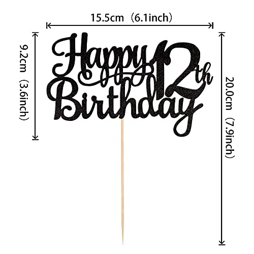 1 PCS Happy 12th Birthday Cake Topper Glitter Cheers to 12 Years Birthday Cake Pick 12 Fabulous Cake Decoration for Happy 13th Birthday Theme Party Decorations Supplies Black