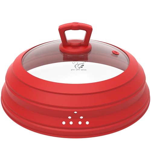 Tall Microwave Splatter Cover Glass Cover Guard Lid 7 inch Height with Collapsible Silicone for Food Pot Plate 12.5 inch Red