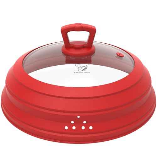 Tall Microwave Splatter Cover Glass Cover Guard Lid 7 inch Height with Collapsible Silicone for Food Pot Plate 10 inch Red