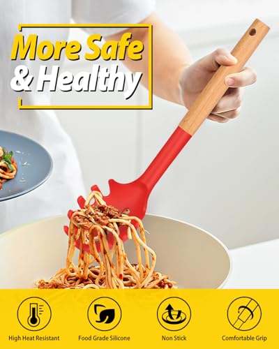 Silicone Pasta Fork and Ladle Spoon Set with Wooden Handle (2 Count)