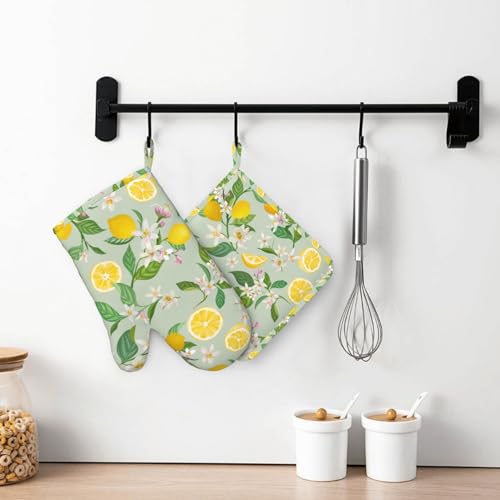 Lemon Oven Mitts Pot Holders Set Silicone Lemon Paper Yellow Citrus Fruit Lemons Kitchen Oven Mitts Heat Resistant Potholders Non (4 Count)