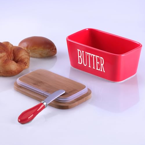 Ceramic Butter Dish with Bamboo Lid and Stainless Steel Knife Spreader
