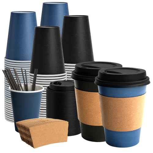 100 Pack 12 oz Disposable Coffee Cups with Lids and Sleeves (100 Count)