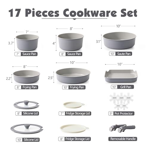 17 Piece Ceramic Detachable Handle Pots and Pans Set Gray