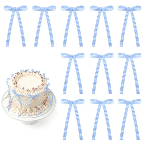 30 Pack Bow Cake Toppers Blue Gingham Ribbon Bows for Cake (30 Count)