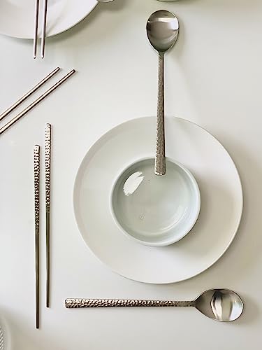 Korean Made Silver Glossy Hammered Stainless Steel Korean Spoon & Chopstick SET Gift for Mom Stocking Stuffer