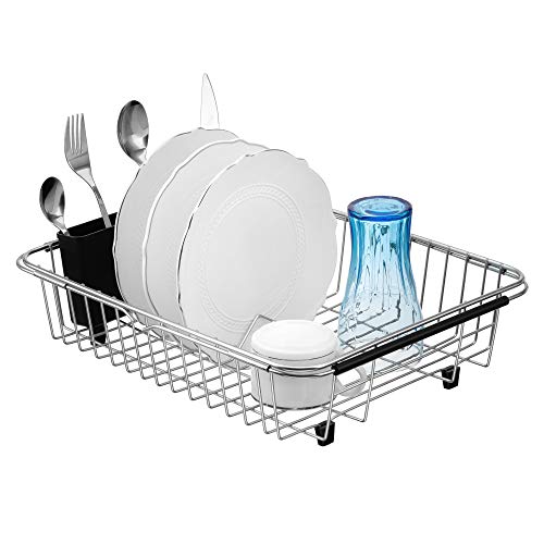 Expandable Dish Drying Rack Over the Sink Dish Drainer Dish Rack in Sink or On Counter with Utensil Silverware Storage Holder