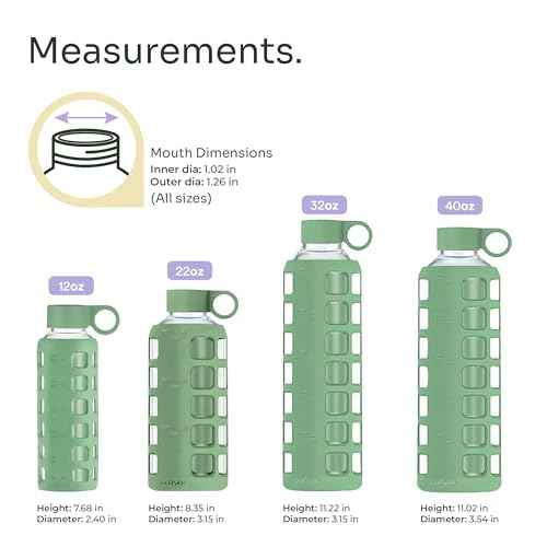 40oz / 32oz / 22oz / 12oz Borosilicate Glass Water Bottle with Time & Volume Markers, Silicone Sleeve, Stainless Steel Lid | Reusable Glass Bottle for Water & Juice (40oz Shale Green)