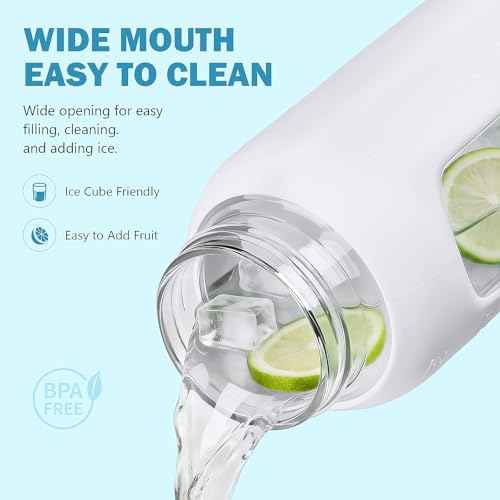 32 oz Glass Water Bottle with Straw and 2 Lids