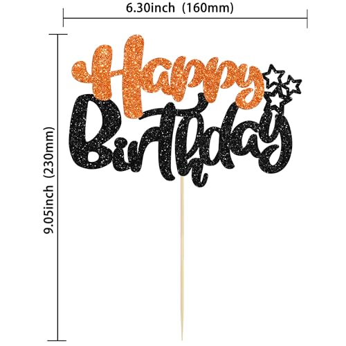 1Pcs Happy Birthday Cake Topper Glitter Happy Birthday Cake Pick for Halloween Baby Shower Theme Anniversary Party Cake Decorations Supplies Black Orange