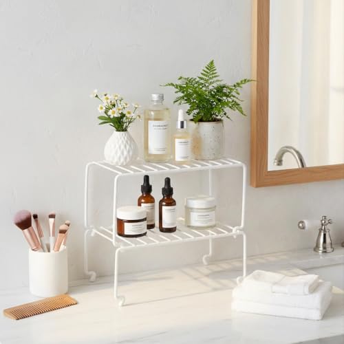 4-Pack Small (10.8x5.3inch) White Stackable Shelf Organizer Rack, Wire Shelf Rack for Kitchen Cabinet, Pantry, Desk Organization and Storage, Rustproof (4 Count)