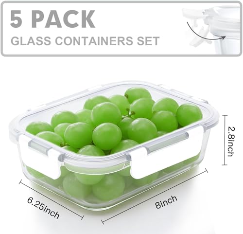 5 PACK 36 OZ Glass Meal Prep Containers Set with Lids (5 Count)