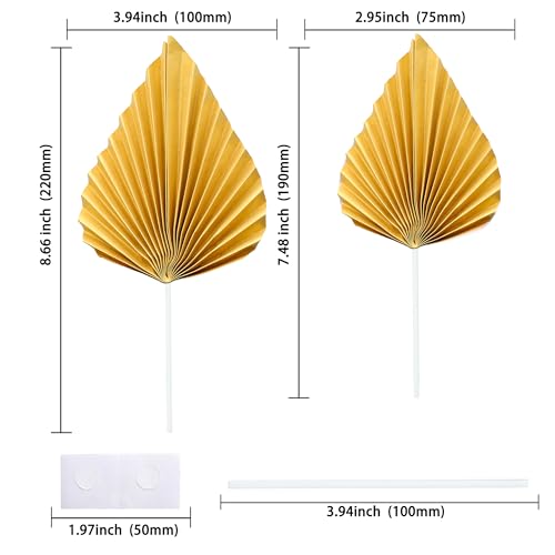 6Pcs Paper Palm Fan Cake Toppers Palm Leaf Fan Cake Topper Palm Spear Leaf Cupcake Toppers Cake Insert Decoration For Cake Decorating Diy Craft Project Home Wedding Party Supplies Gold (6 Count)