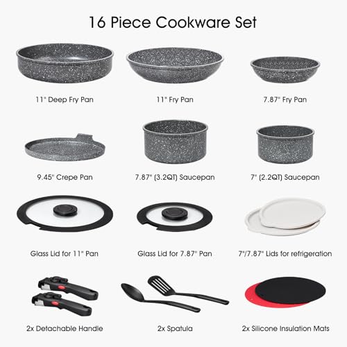 16pcs Aluminium Nonstick Pots and Pans Set from France with detachable Handle