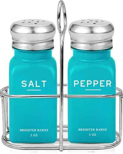 Teal Salt and Pepper Shakers Set with Holder by Brighter Barns