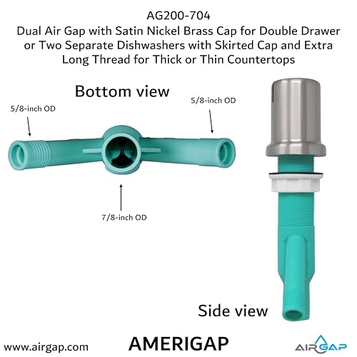 Dual Air Gap with Satin Nickel Brass Cap for Double Drawer or Two Separate Dishwashers with Skirted Cap and Extra Long Thread for Thick or Thin Countertops