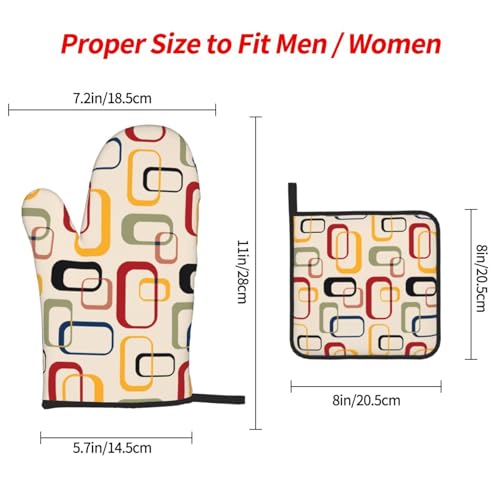 Mid Century Modern Retro Oven Mitts and Pot Holders Sets of 3 Vintage Decorative Heat Resistant Non Slip BBQ Gloves for Cooking Grilling Baking Kitchen Decor (3 Count)