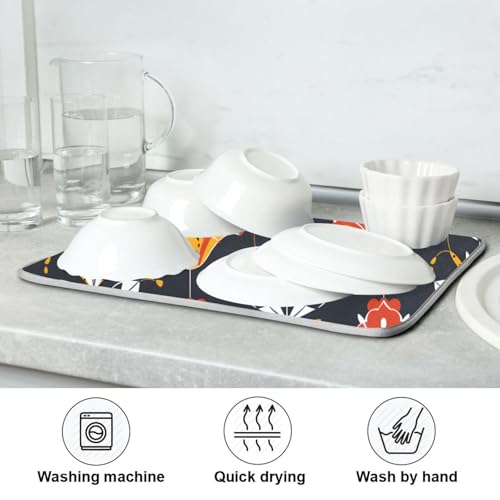 Floral Traditional Folk Art Dish Drying Mat for Kitchen Counter Absorbent Microfiber Drying Pad