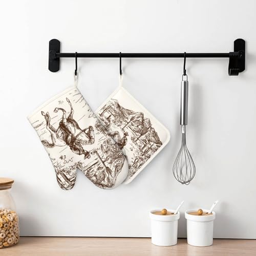 Western Cowboy Oven Mitts and Pot Holders 4 pcs Set Silicone West Cowboy Riding Horse in Desert Kitchen Oven Mitt Gloves Cowboy Pot Holders Non