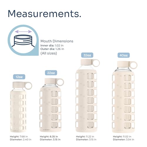 40oz / 32oz / 22oz / 12oz Borosilicate Glass Water Bottle with Time & Volume Markers, Silicone Sleeve, Stainless Steel Lid | Reusable Glass Bottle for Water & Juice (32oz Pearled Ivory)