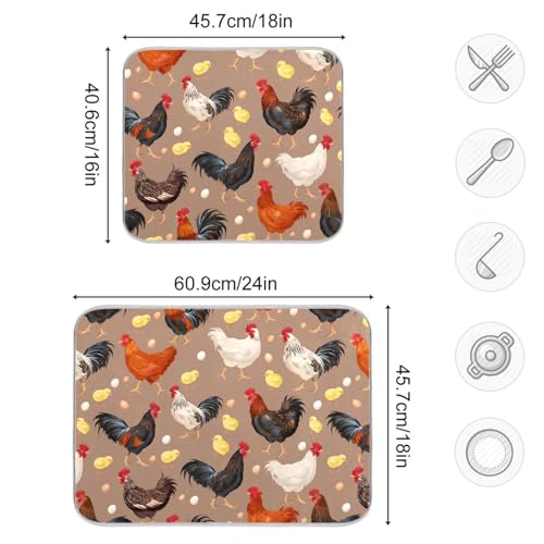 Colorful Hens Roosters Dish Drying Mat for Kitchen Counter Absorbent Microfiber Drying Pad