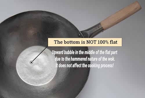 Flat Hand Hammered Carbon Steel Pow Wok with Wooden and Steel Helper Handle