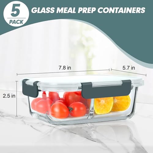 30 oz 5 Pack Glass Meal Prep Containers 2 Compartments (5 Count)